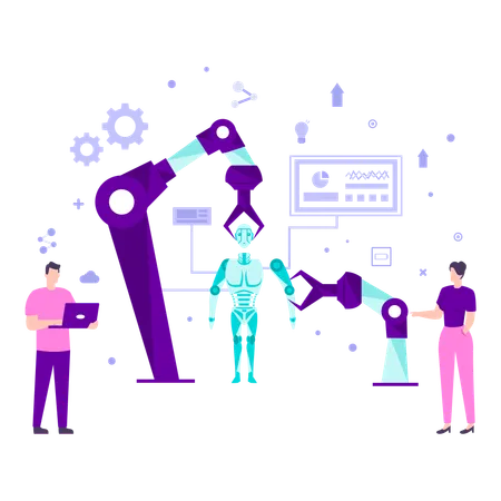 Un científico en el campo de la IA está creando un robot en un laboratorio utilizando una variedad de estrategias.  Illustration