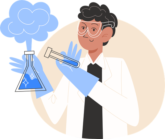 Un colegial con bata de laboratorio sostiene tubos de ensayo durante una lección de química  Ilustración