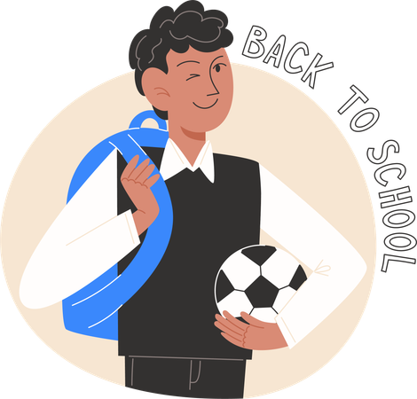 Un colegial con uniforme escolar y mochila con balón de fútbol  Ilustración
