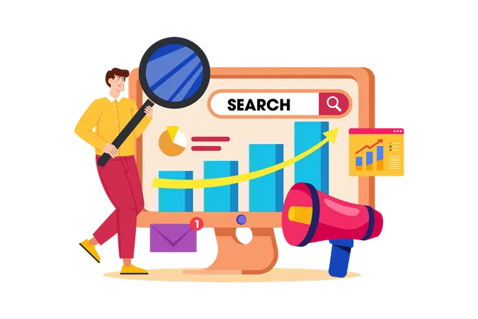 Un especialista en marketing de motores de búsqueda crea y gestiona campañas publicitarias en motores de búsqueda.  Ilustración