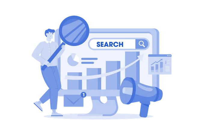Un especialista en marketing de motores de búsqueda crea y gestiona campañas publicitarias en motores de búsqueda.  Ilustración