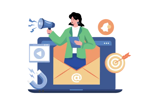 Un especialista en marketing digital envía marketing por correo electrónico al cliente  Ilustración
