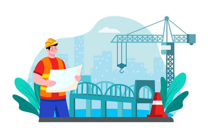 Un contratista supervisa la construcción de un puente sobre un río importante  Ilustración