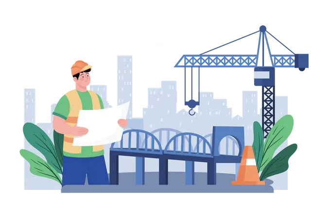 Un contratista supervisa la construcción de un puente sobre un río importante  Ilustración