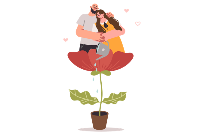 Un couple amoureux s'occupe de créer de solides plantes d'arrosage familiales pour établir une relation fiable  Illustration