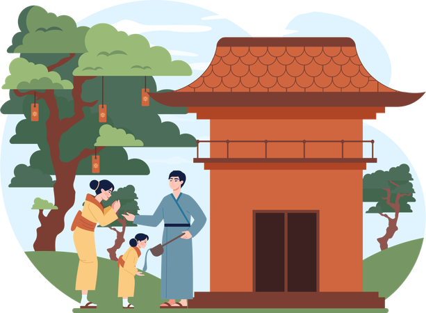 Un couple chinois va visiter un temple  Illustration