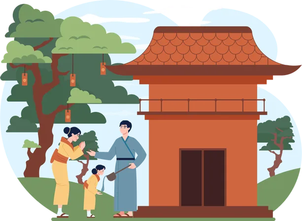 Un couple chinois va visiter un temple  Illustration