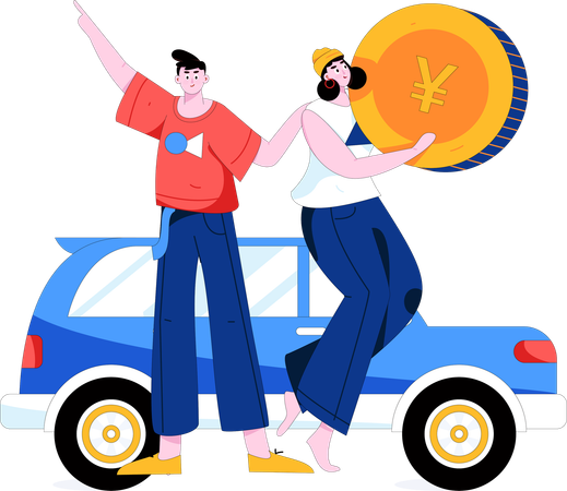 Un couple collecte de l'argent pour l'essence de sa voiture  Illustration