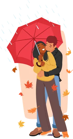 Un couple douillet s'embrasse sous un parapluie commun  Illustration