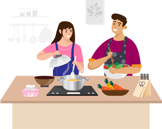 Un couple prépare de la nourriture ensemble  Illustration