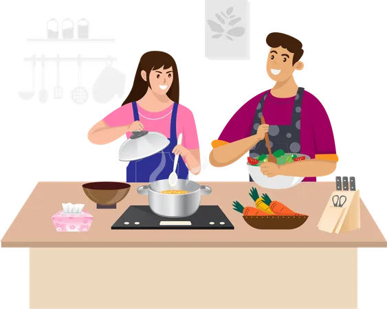 Un couple prépare de la nourriture ensemble  Illustration