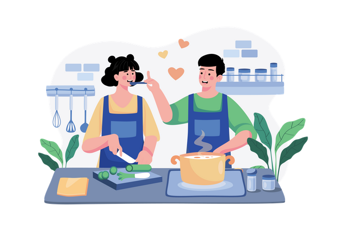 Un couple cuisine ensemble  Illustration