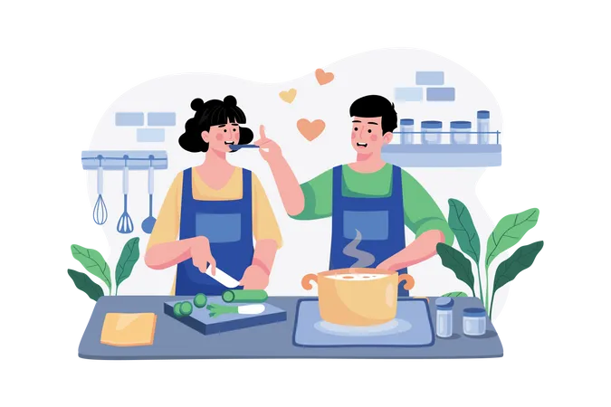 Un couple cuisine ensemble  Illustration