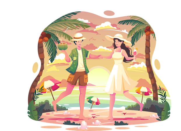 Un couple danse à la fête d'été sur la plage l'après-midi  Illustration