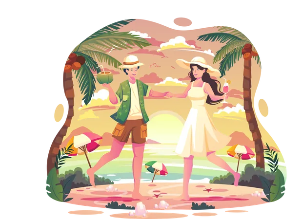 Un couple danse à la fête d'été sur la plage l'après-midi  Illustration