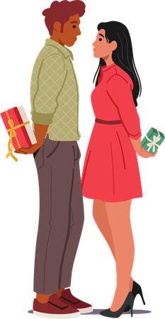 Un couple espiègle cache des cadeaux de fête derrière son dos  Illustration