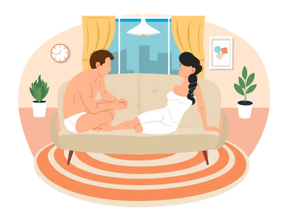 Le couple est assis sur un canapé et se détend  Illustration