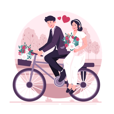 Un couple fait du vélo le jour du mariage  Illustration