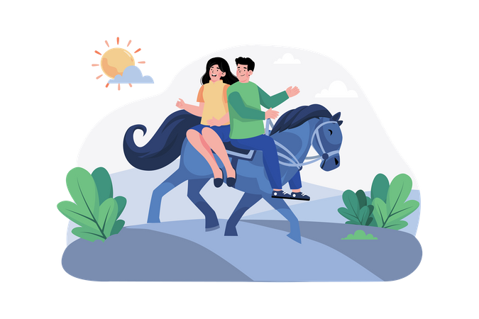 Un couple fait de l'équitation le long de sentiers pittoresques le matin  Illustration