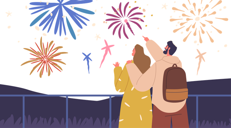 Un couple hypnotisé s'embrasse en regardant les feux d'artifice éclatants des fêtes  Illustration