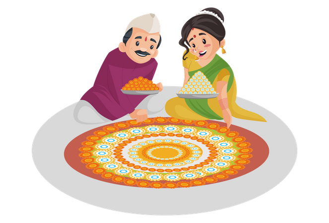 Un couple indien marathi décore le sol avec des fleurs  Illustration