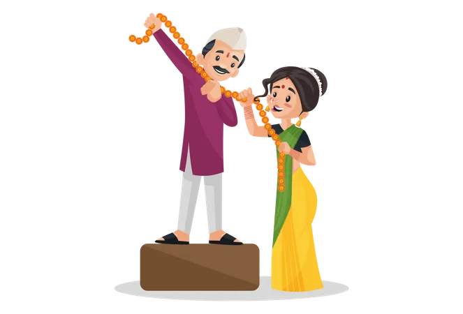 Un couple indien marathi flirte tout en décorant avec une guirlande de fleurs  Illustration