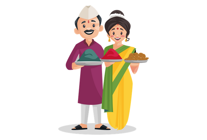 Un couple indien marathi tient des bonbons et une assiette de couleur dans ses mains  Illustration