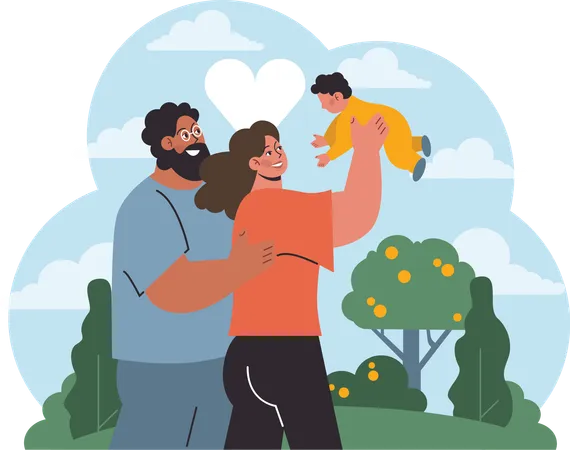 Un couple joue avec leur bébé dans un parc  Illustration