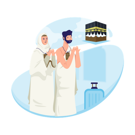 Un couple musulman effectue le pèlerinage islamique du Hajj  Illustration