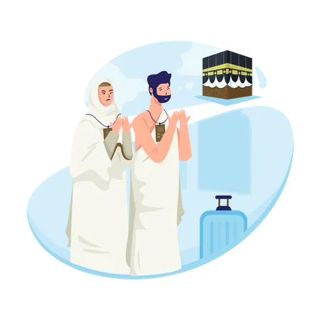 Un couple musulman effectue le pèlerinage islamique du Hajj  Illustration