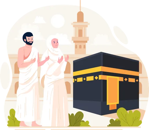 Un couple musulman effectue le pèlerinage islamique du Hajj  Illustration