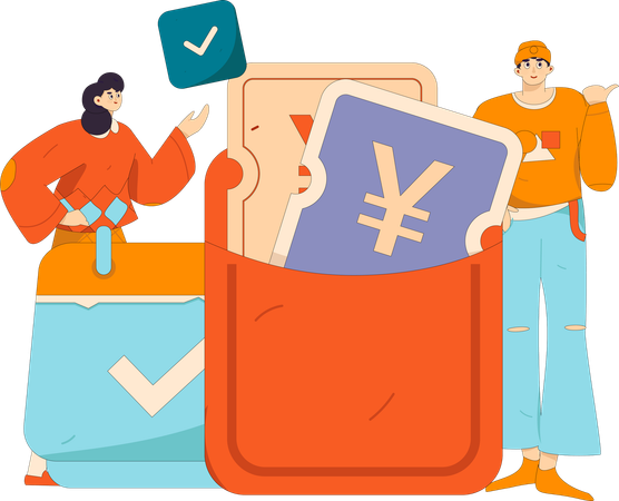 Un couple paie de l'argent en ligne via un portefeuille électronique  Illustration