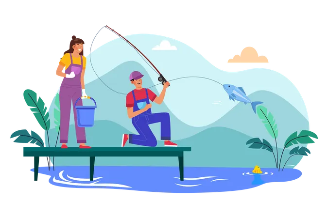 Un couple part pêcher le matin sur un lac voisin  Illustration