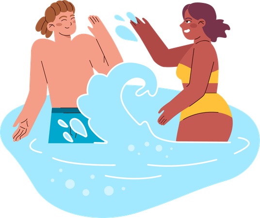 Un couple s'éclabousse de l'eau  Illustration