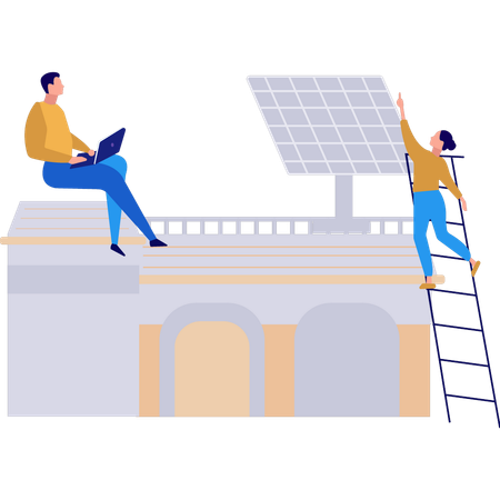 Un couple travaille sur le toit avec l'énergie solaire  Illustration