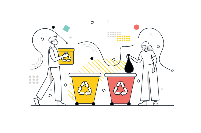 Un couple trie les déchets dans des conteneurs spéciaux  Illustration