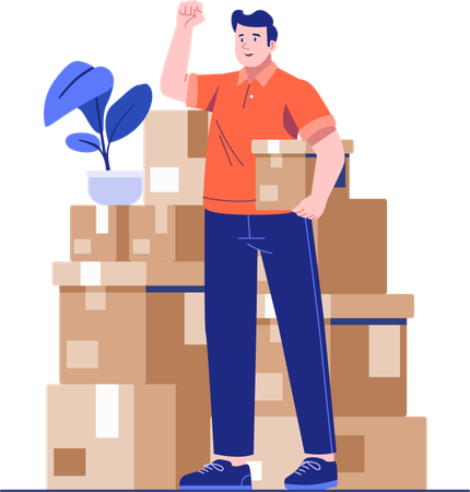 Un coursier debout avec des boîtes de courrier  Illustration