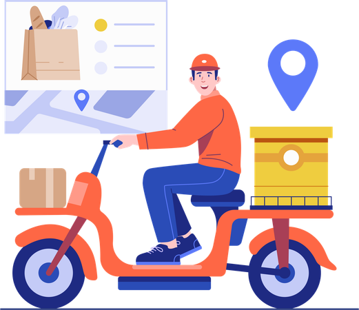 Un coursier livre des courses en scooter  Illustration