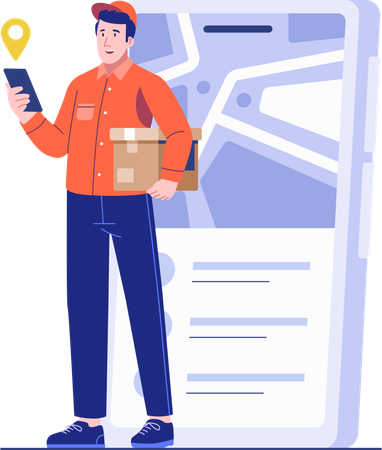 Un coursier tenant un colis vérifie le GPS sur son smartphone  Illustration