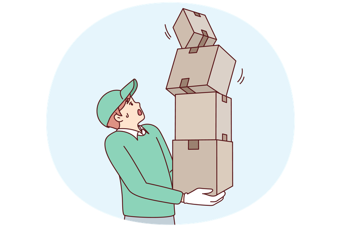 Un coursier tient plusieurs cartons et semble effrayé par la chute du colis.  Illustration