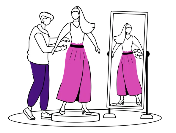 Un créateur de mode aide une femme à s'habiller  Illustration