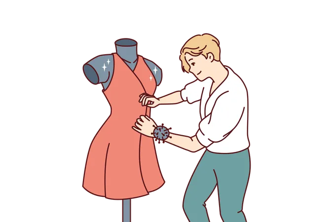 Un créateur de mode coud une robe fixée sur un mannequin préparant la tenue des femmes pour la semaine de la haute couture  Illustration