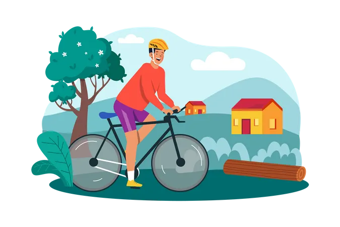 Un cycliste part faire une balade à vélo dans la campagne pour apprécier le paysage matinal  Illustration