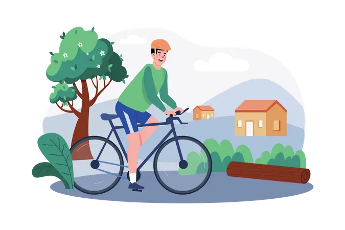 Un cycliste part faire une balade à vélo dans la campagne pour apprécier le paysage matinal  Illustration