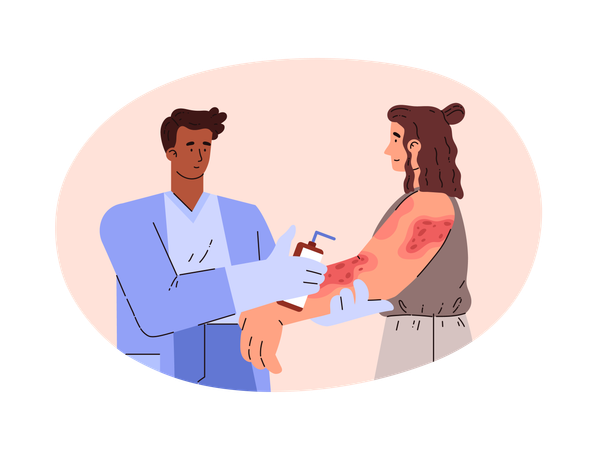 Un dermatologue traite une femme atteinte d'une maladie de peau avec une crème médicale  Illustration