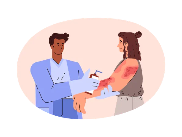 Un dermatologue traite une femme atteinte d'une maladie de peau avec une crème médicale  Illustration