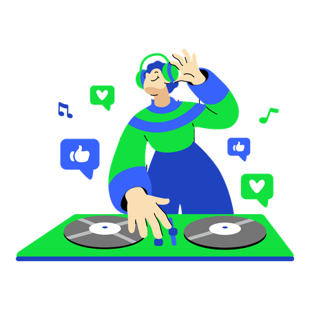 Un DJ masculin organise un concert en ligne  Illustration