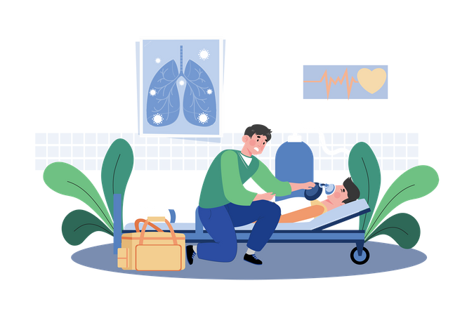 Un médico ayuda a los pacientes con dificultades respiratorias  Ilustración