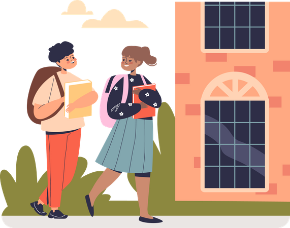 Un écolier et une écolière marchent ensemble jusqu'à l'école  Illustration
