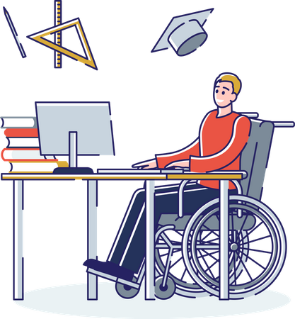 Un étudiant handicapé suit un cours en ligne à distance  Illustration